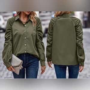 PRETTYGARDEN 2024 Fall Fashion Button Down Shirts Ruched  Casual Blouse Tops